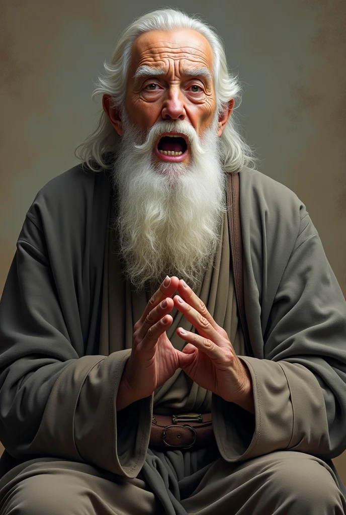 Un vieux sage assis de face qui ouvre la bouche