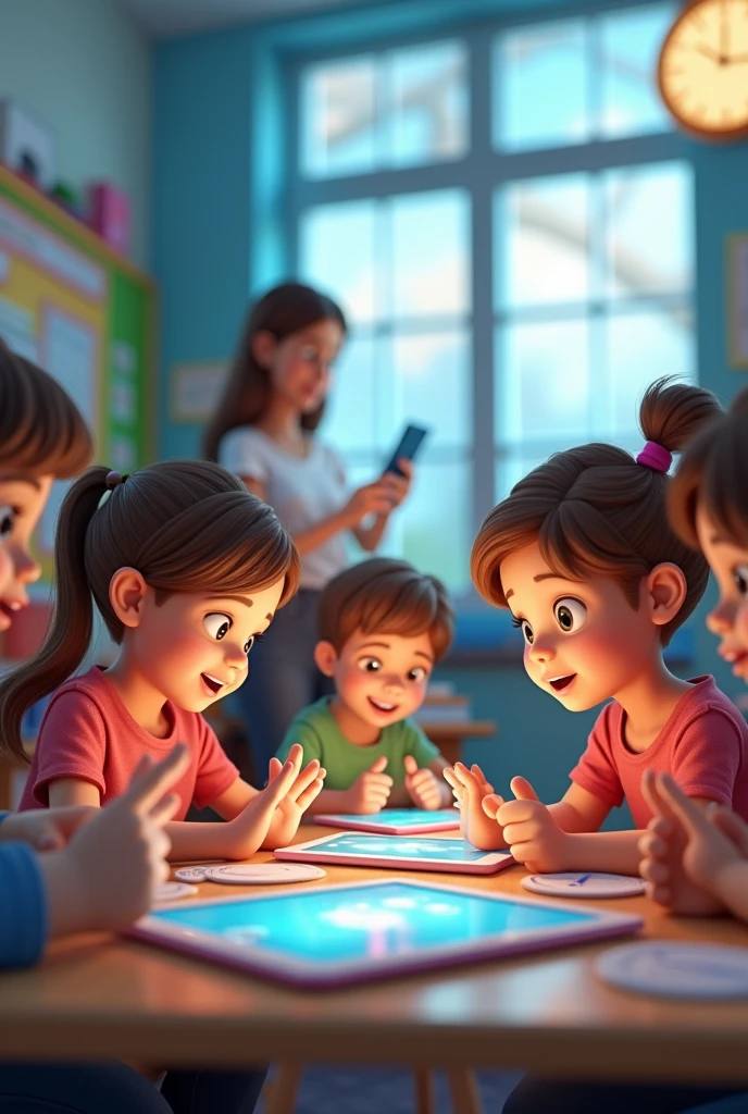 I need drawings of children using technology as a learning method, where the typical elements of technology such as tablets are reflected, telephone, computers, smart displays... Also the teacher should be seen in the classroom.
Please make the drawings in 3D
