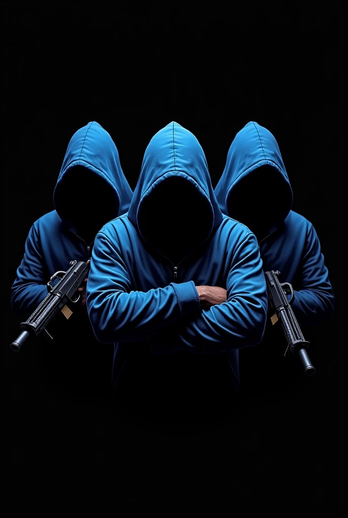 Logo of 4 blue hooded gangster guys holding guns on black background

