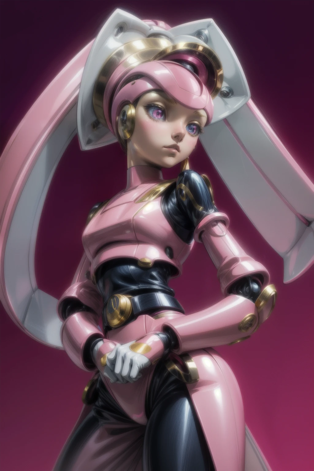 A solo pink and pupple Medabot with gold trim with no mouth and glowing eyes and long hair high ponytail, high detail, simple background, masterpiece,4k,8HD