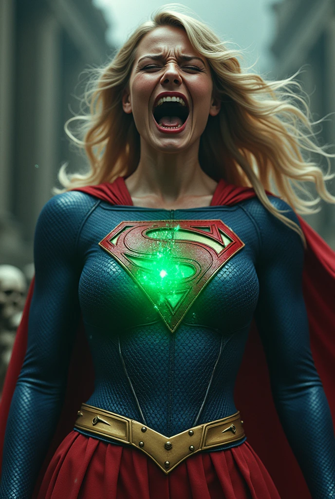 (((In extreme close-up a beautiful woman with long blonde hair Charlize Theron under the mantle of the Kryptonian Kara Zor-El alias Supergirl in blue leather suit with tiny scales on the suit red skirt Superman emblem on her suit on her knees screaming death wound blood on her chest flourescent green Kryptonite in the wound blood around her skulls in cemetery bloody images)))
