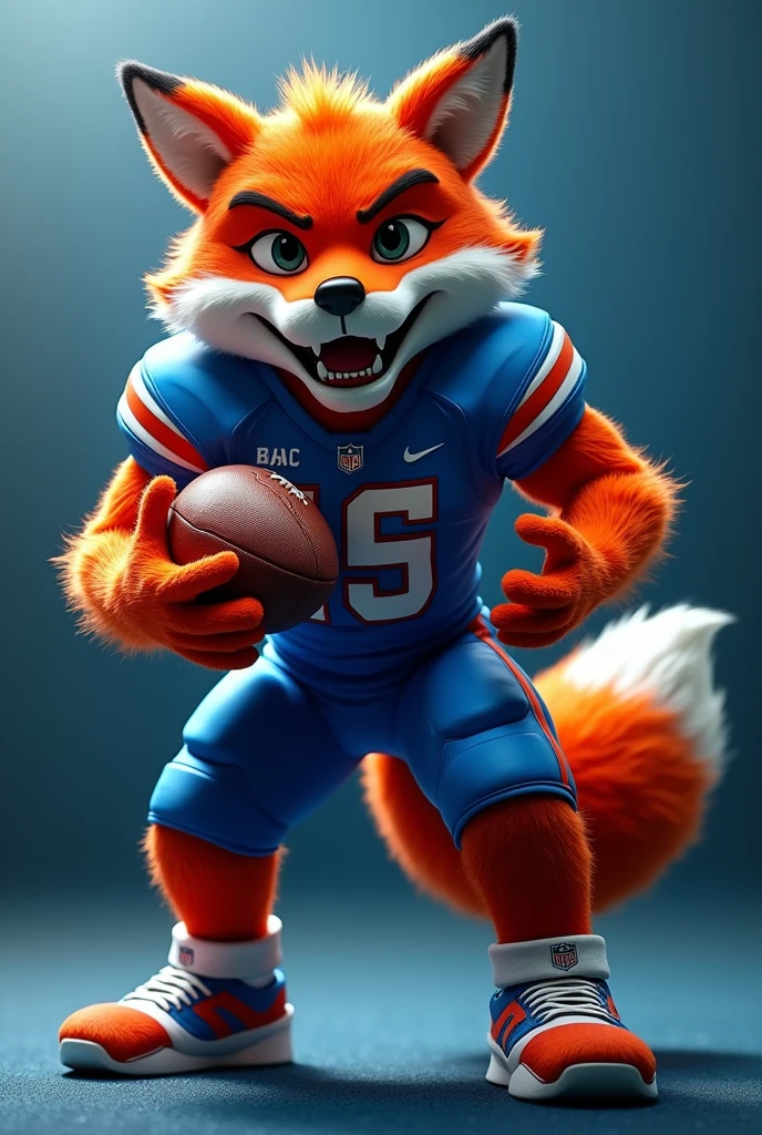 a fox-red football mascot in a blue and white uniform, holding a Football, highly detailed, 4k, 8k, hyperrealistic, photorealistic, professional photography, studio lighting, vibrant colors, dynamic attack pose, detailed texture, cinematic lighting, dramatic shadows, epic scale