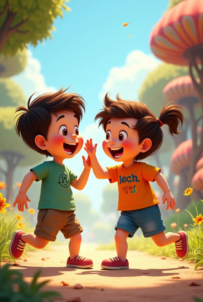 Create the image of two animated children friends