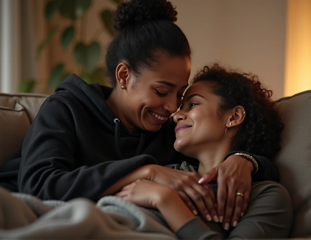 black woman hair in a bun black hoodie a grandma holding her ass as they lay on the couch together low angle