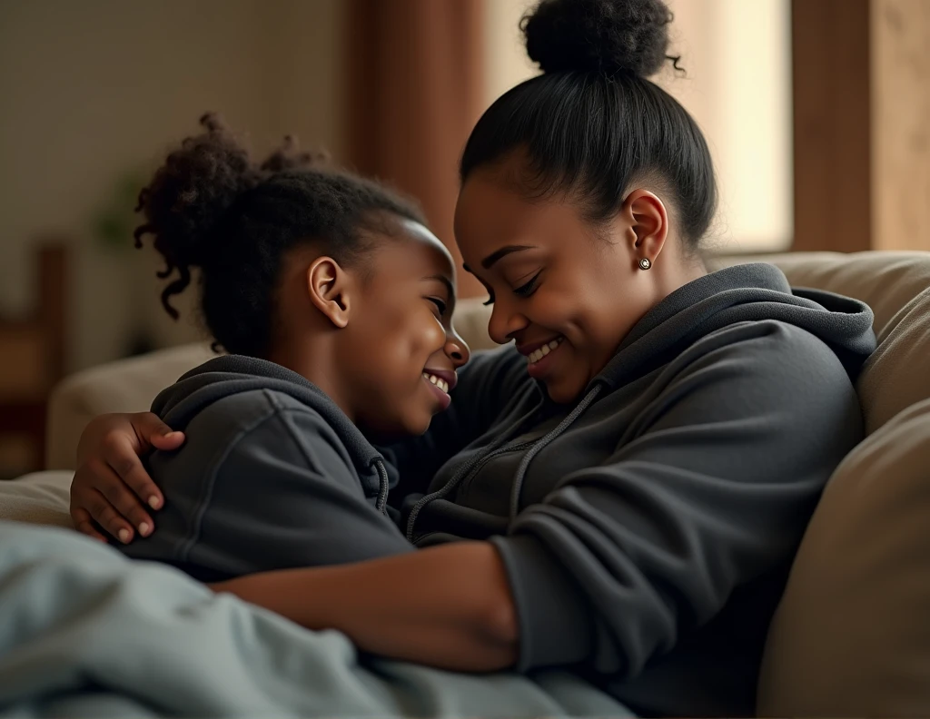 black woman hair in a bun black hoodie a grandma holding her ass as they lay on the couch together low angle