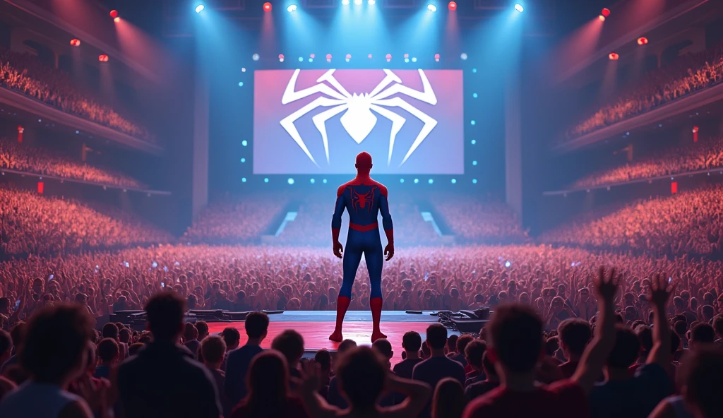 
Spider-Man, clad in his iconic red and blue suit, stands confidently on a stage bathed in spotlight, holding a microphone in his webbed hand. The stage is enormous, adorned with complex lighting and a massive screen displaying his symbol. A sea of faces, a cheering crowd of thousands, stretches out in front of him, their excitement palpable. Each individual is meticulously rendered, showcasing their unique expressions of awe and enthusiasm. The air is charged with energy, the vibrant colors of the stage and the crowd forming a dazzling visual symphony.  The image is a masterful blend of cartoonish exaggeration and photorealistic detail, capturing the essence of Spider-Man's larger-than-life persona. Every detail is flawlessly rendered, from the intricate web patterns on his suit to the individual strands of hair on the audience members. The image explodes with life, radiating a sense of excitement and wonder. 
