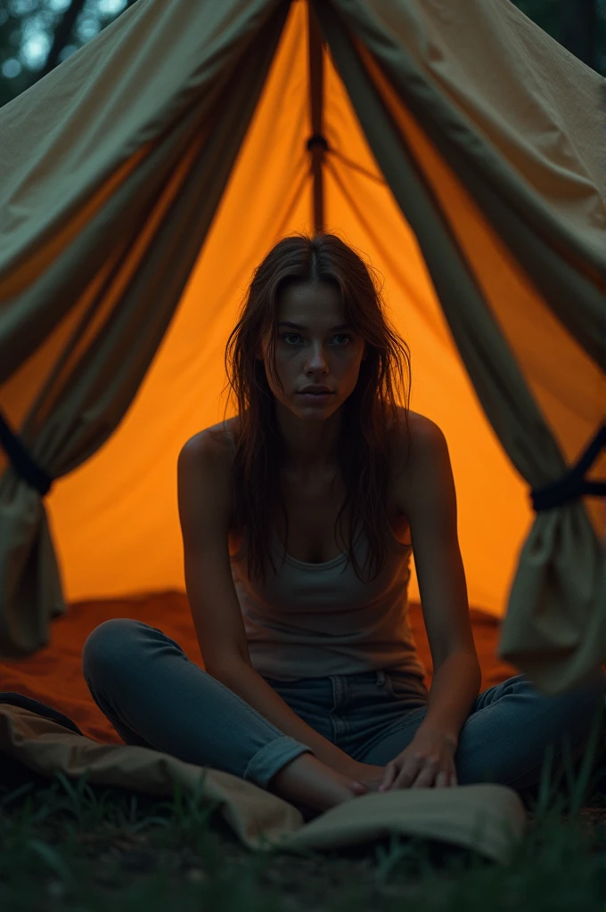 A lady inside a tent scared