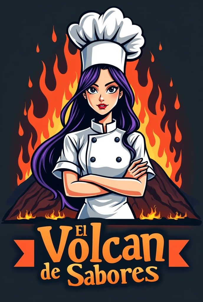 Could you please create a logo for a fast food restaurant like homemade hamburgers with a white female chef with black hair and purple locks with a grill, a volcano and with the name El Volcán de Sabores written on it?