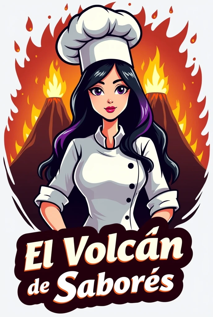 Could you please create a logo for a fast food restaurant like homemade hamburgers with a white female chef with black hair and purple locks with a grill, a volcano and with the name El Volcán de Sabores written on it?