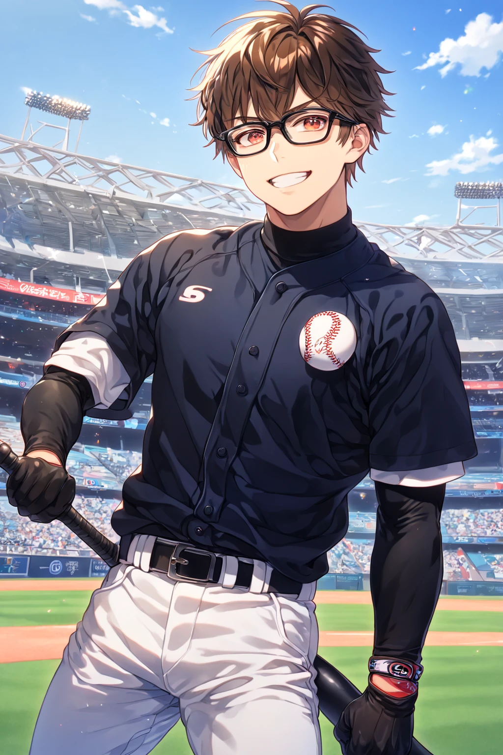 absurdres, highres, ultra detailed, HDR, master piece, Miyuki Kazuya, brown hair, expressive amber eyes, black glasses, white baseball uniform, Diamond No Ace, sexy man, handsome, best quality, fantasy, magical, solo, sensual, stadium, blue sky, handsome smile, manly man, black gloves, white pants, holding a baseball bat