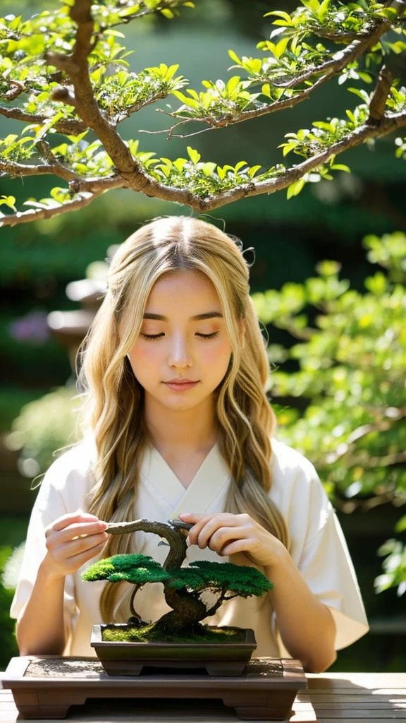 Emily, a beautiful young woman with long, blonde hair styled in natural waves, carefully trimming a small bonsai tree. She is sitting in a traditional Japanese garden, wearing a light, casual summer outfit. Her expression is one of calm concentration as she delicately shapes the branches. The background shows a variety of other bonsai trees and lush greenery, capturing the peaceful atmosphere of the garden.