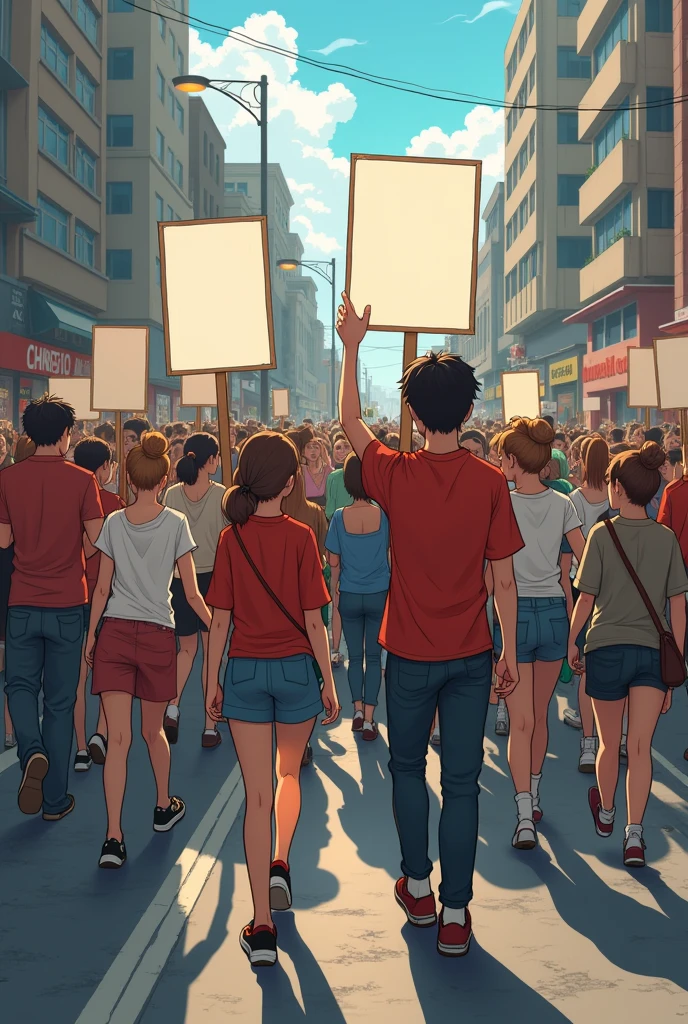 On the road boys and girls are protesting on the road and only two of them are holding blank sign board in front of the protesting groups  