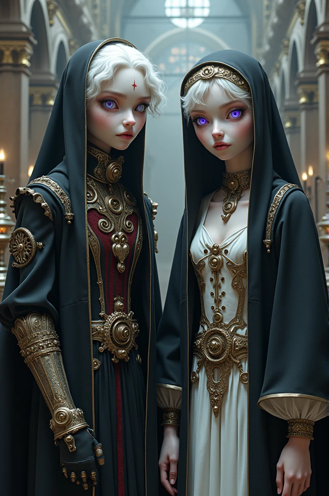Two violet-eyed albinos on the left with a prosthesis wearing steampunk alchemist clothes, and the one on the right in nun's clothes