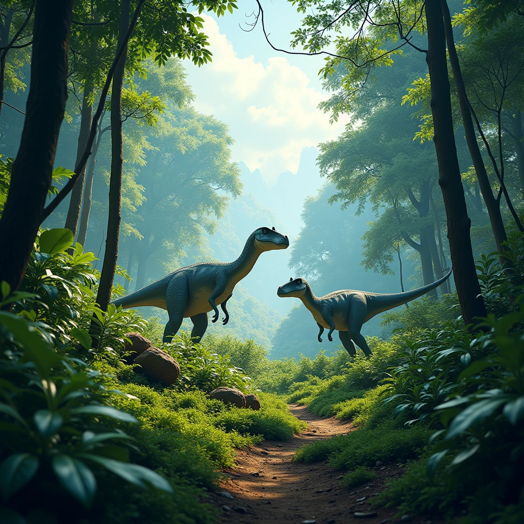 Ultra-high resolution,High-resolution details,Jurassic forest,There are 2 dinosaurs in the distance,Vibrant colors,Bright,Depth of Field