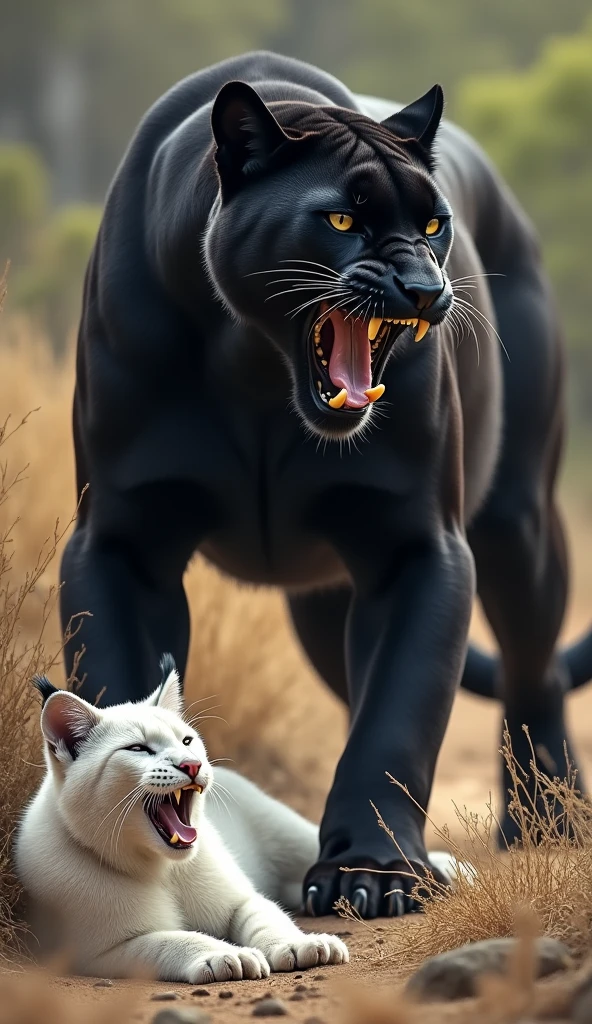 "A scene of two majestic big cats in the wild, featuring a black panther standing over a resting white lynx. The panther is standing triumphantly, mouth open as if growling or roaring, with its muscular body on full display. The lynx lies beneath, appearing relaxed with closed eyes. The setting is a natural landscape of dry grass and sparse greenery in the background."