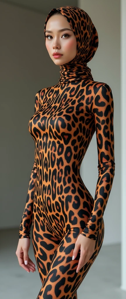 the beautiful,slender thin and prettiest Asian and Malaysian muslimah adult girl with beautiful cheeks wears leopard print lycra turtleneck unitard catsuit covered with seamless stripes and always wear leopard print lycra elastane stretchy dance wear hijab covered with seamless stripes.She has beautiful lips