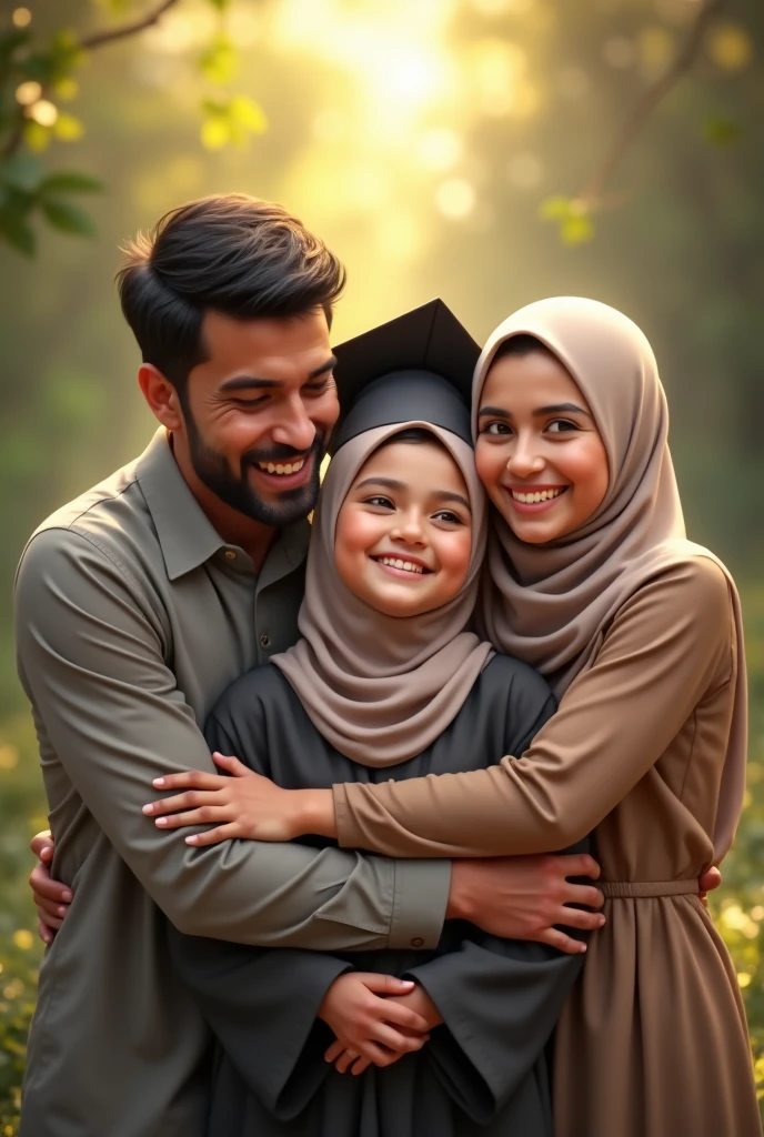 A happy muslim family, father, daughter in center with graduation cap hijab and mother