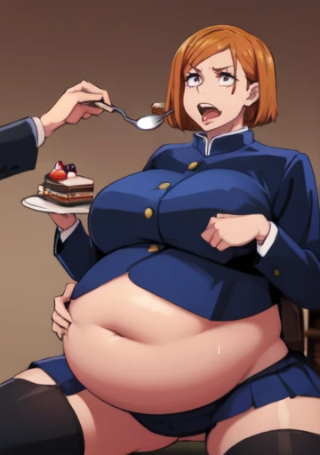 (masterpiece, best quality), 1girls, big belly, blurry background, huge belly, art by kipteitei, round belly, chubby, curvy, short cut hair, brown hair, ripped shirt, skirt, thighhighs, simple_background, gradient_background, belly bursting out of (((black school uniform))), long sleeves, enormous belly, fat belly, thicc, bigger belly, really big belly, jiggly belly, giant huge belly, big enormous belly, ((((gigantic belly)))), bloated belly, fat belly, ginormous big belly, expanding big belly, sfw, safe for work, kneeling on bed, sfw (safe for work), nobara kunisaki, (((a person out of frame is feeding her a bite of cake on a fork, she has her mouth open wide for the cake to go))), sweating, blushing, (mouth open wide, tongue out, she is saying aaah), she has an eyepatch over her left eye