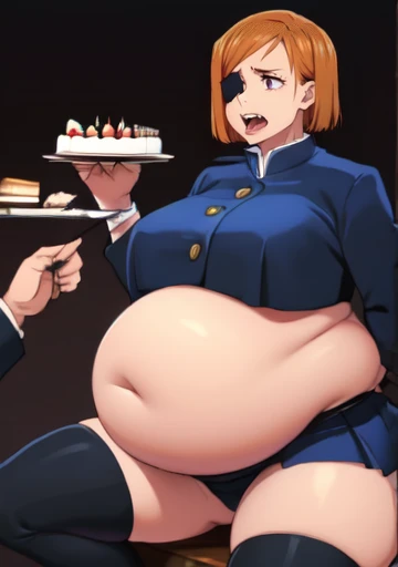(masterpiece, best quality), 1girls, big belly, blurry background, huge belly, art by kipteitei, round belly, chubby, curvy, short cut hair, brown hair, ripped shirt, skirt, thighhighs, simple_background, gradient_background, belly bursting out of (((black school uniform))), long sleeves, enormous belly, fat belly, thicc, bigger belly, really big belly, jiggly belly, giant huge belly, big enormous belly, ((((gigantic belly)))), bloated belly, fat belly, ginormous big belly, expanding big belly, sfw, safe for work, kneeling on bed, sfw (safe for work), nobara kunisaki, (((a person out of frame is feeding her a bite of cake on a fork, she has her mouth open wide for the cake to go))), sweating, blushing, (mouth open wide, tongue out, she is saying aaah), she has an eyepatch over her left eye