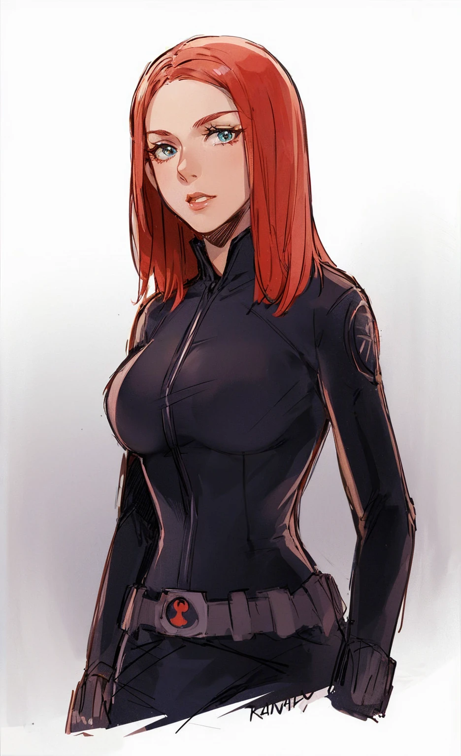 The image depicts Black Widow. She is illustrated with long, bright red hair and blue eyes, and is clad in a sleek skin-tight shiny black latex bodysuit with a deep-cut zipper neckline revealing a large chest, the silver zipper running down the front. The suit is complemented by her shiny iron wrist guard on both wrists and a metal belt with a buckle that features a red hourglass mark. Her gaze is intent and directed off-screen, implying alertness and focus on an unseen threat or target. She appears with a cute smile on her face. The atmosphere of the image conveys confidence and resilience, characteristics synonymous with the Black Widow persona. The background of the image is an off-white color, which creates a subdued and timeless ambiance.