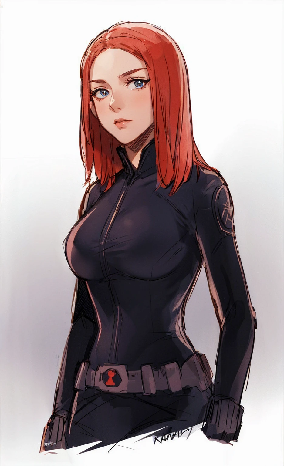 The image depicts Black Widow. She is illustrated with long, bright red hair and blue eyes, and is clad in a sleek skin-tight shiny black latex bodysuit with a deep-cut zipper neckline revealing a large chest, the silver zipper running down the front. The suit is complemented by her shiny iron wrist guard on both wrists and a metal belt with a buckle that features a red hourglass mark. Her gaze is intent and directed off-screen, implying alertness and focus on an unseen threat or target. She appears with a cute smile on her face. The atmosphere of the image conveys confidence and resilience, characteristics synonymous with the Black Widow persona. The background of the image is an off-white color, which creates a subdued and timeless ambiance.
