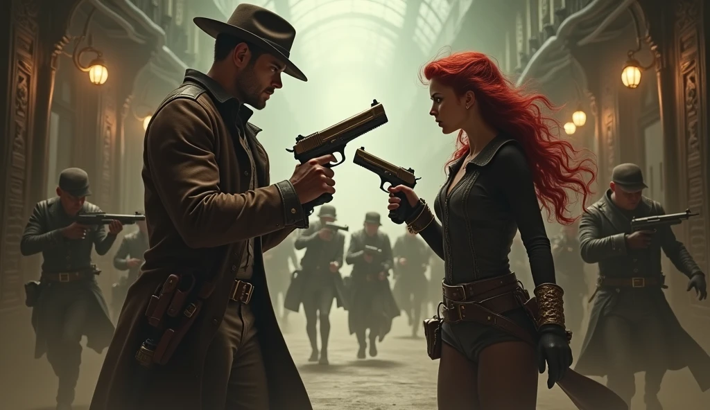 one men, holding a steampunk gun, while talking to a short, red-haired woman, she is holding a steampunk pistol pointing downwards. They are in a hallway with a lot of dust and people running around with guns in their hands., everyone is wearing steampunk clothes