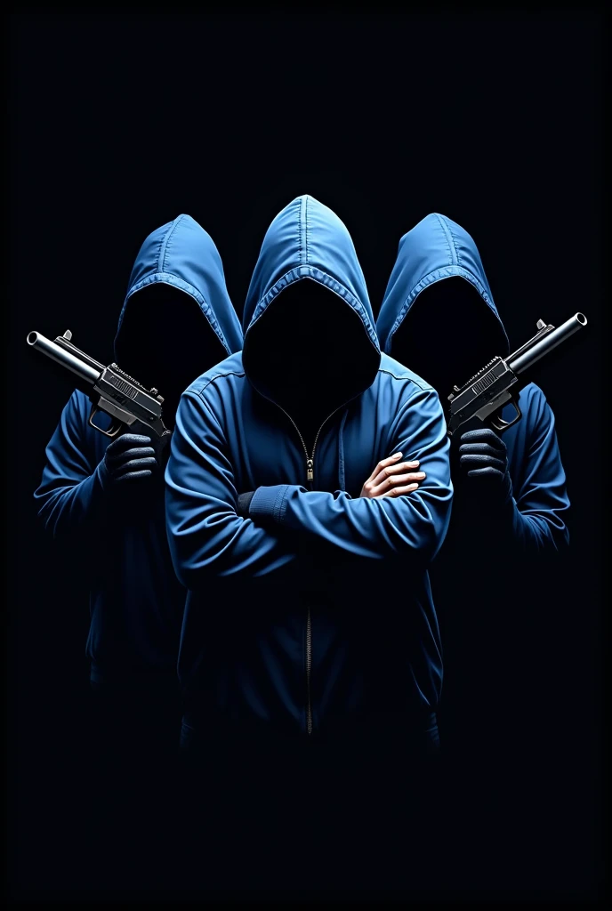 Logo of 4 blue hooded gangster guys holding guns on black background

