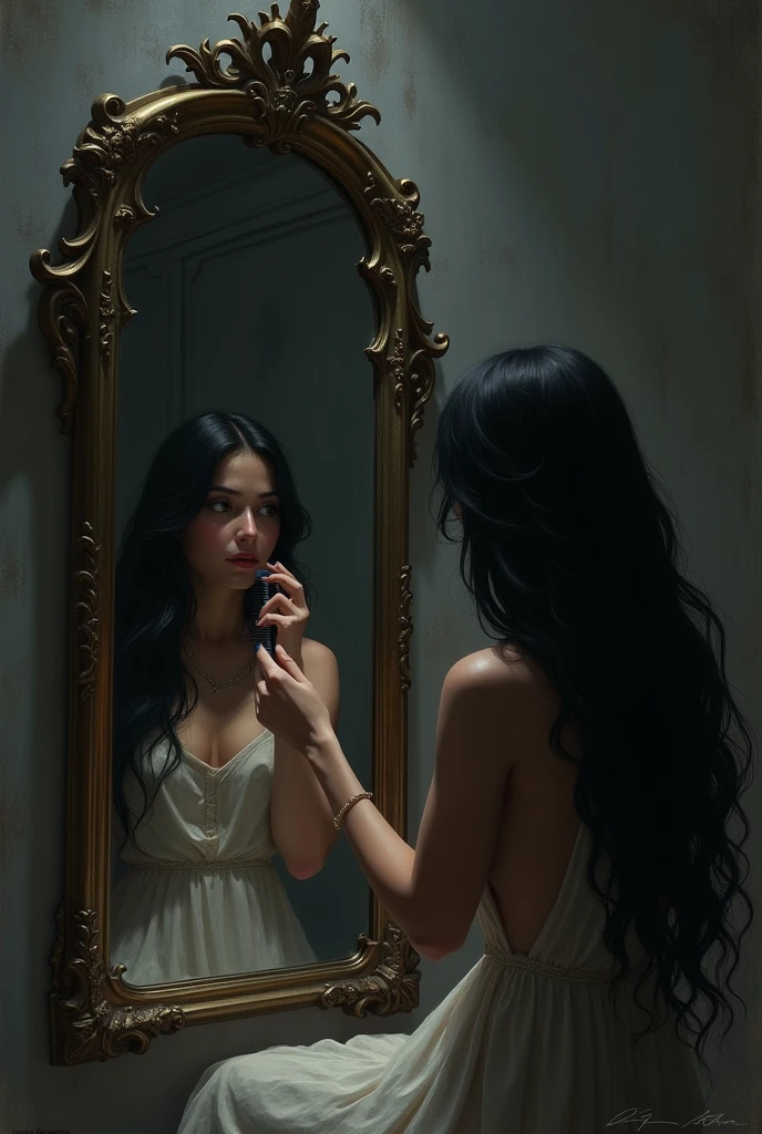 An image to illustrate the following poem:

Cuando Lizzand duerme
sueña con espejos que se abren
como puertas en la oscuridad.

Los que se han ido miran a través
and ella sabe que la observan 
con ternura.

One night, ando también cruzaré el espejo,
and, in silence, I will braid her hair, One by one,
Until the light of day discovers us together In this or another world.

(Lizzand es de piel oscura and cabello negro. Ella está durmiendo and haand muchos espejos. The image is surreal.)