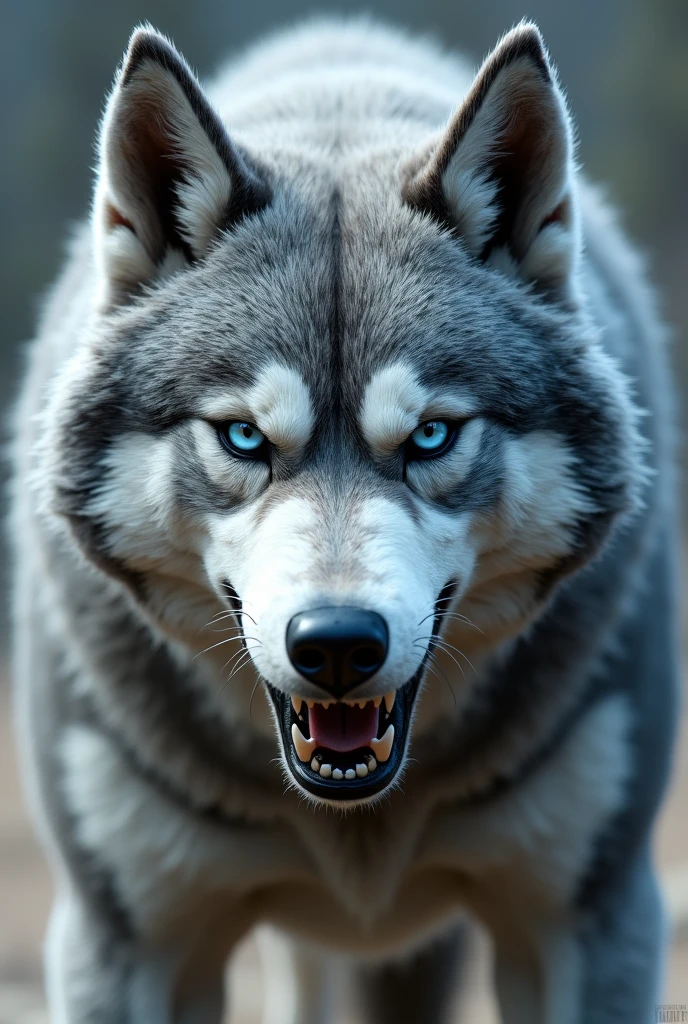 Angry husky with blue eyes with mouth close