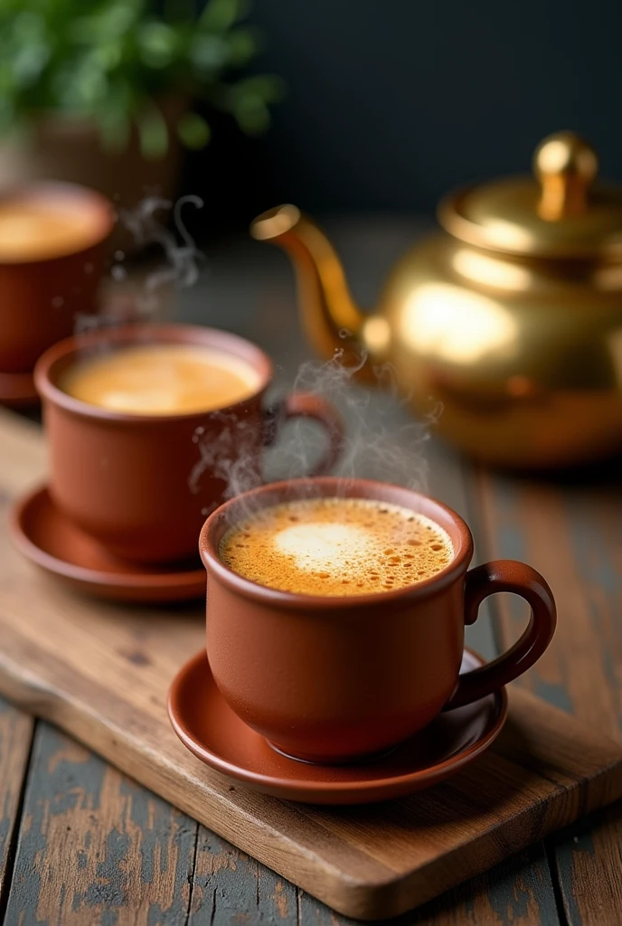 The image shows a wooden table with three  clay cups on it. The cups are filled with a hot milk tea. The liquid is splashing out of one of the cups, creating a splash effect. In the background, there is a gold teapot and a wooden cutting board. The overall mood of the image is rustic and cozy.the frame shot is food stylish composition. Vivid and vibrant depth tone of color photo.