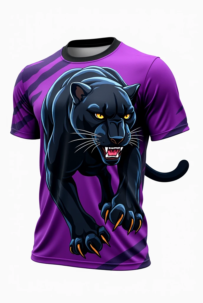 I want an indoor game shirt with a black panther with purple details, and the color of the shirt will be white 