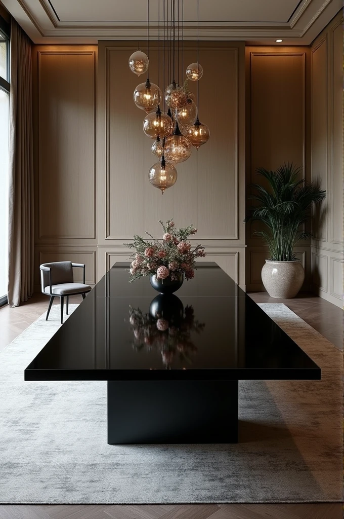 A dining room with a large table that is black but elegant