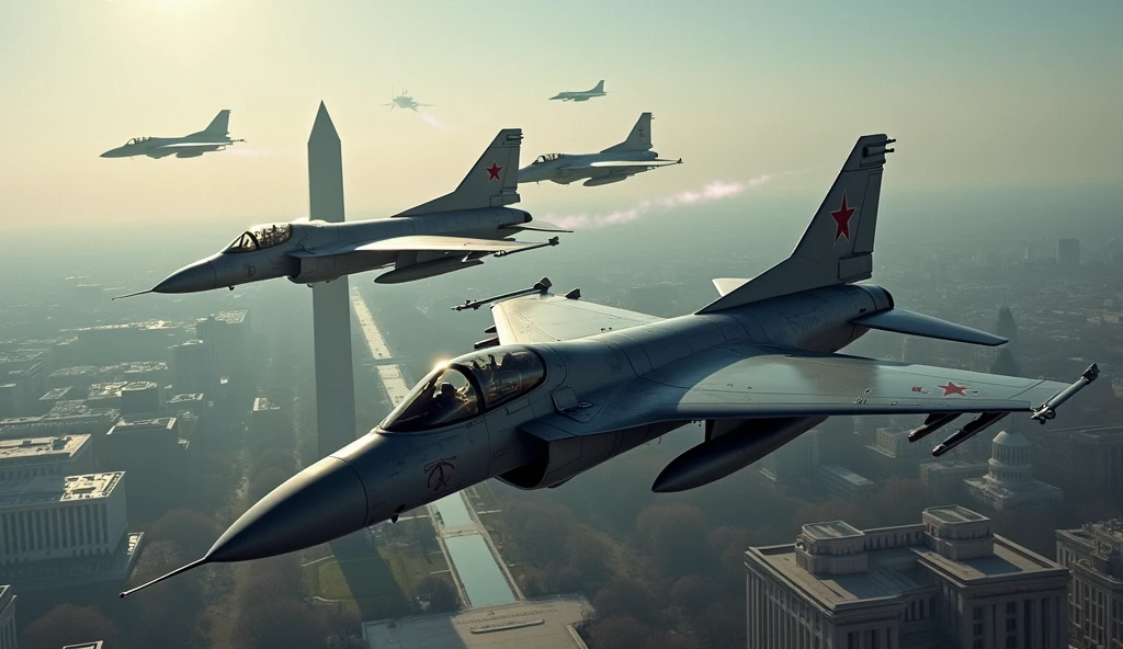 1985; Russian Air Force fighters flying over Washington D.C..c