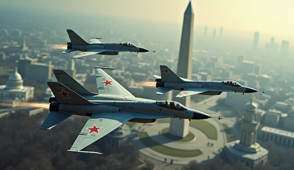 1985; Russian Air Force fighters flying over Washington D.C..c
