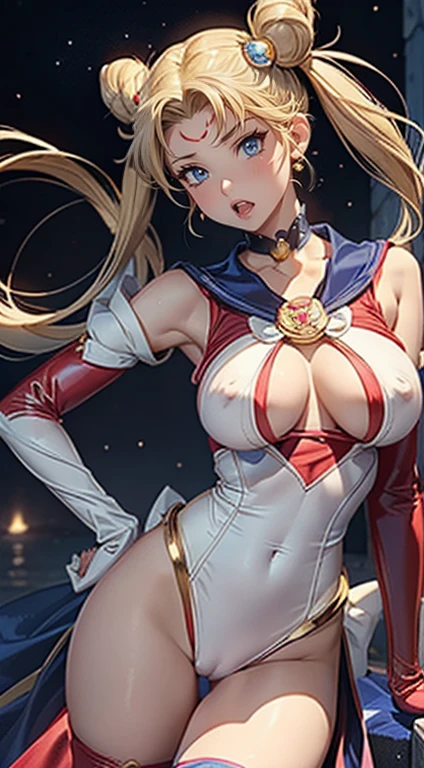 masterpiece、full:1.3、stand、8k、Highest quality、極めて詳細な CG Unity 8k の壁紙、From below、Intricate details、(1 female)、(Sailor Moon:1.6 Super Bishoujo Senshi Sailor Moon Mer1、Meishaon,Tierra、Sailor Moon:1.5,Eternal Sailor Moon)、(信じられないほど長くて明るいTwin tailsのブロンド:1.4、thin and very long straight twin tail blonde, Hair Bun、Red round hair ornaments in a hair bun)、((Long white latex gloves,Red gloves on elbows、Exposing the upper arm,A gorgeous golden tiara on her forehead、耳Nipple Ring,Luxury gold jewelry))、Clothes are torn,(Facial details:1.5、blue eyes、Beautifull expression、beautidfull eyes、Iris Contour, Eyes with highlights、thin唇:1.5、Thin, sharp, pale eyebrows,、Long eyelashes、Double eyelashes、thin, Lean and muscular,,,、Small Face、tall and big chested、Perfect Proportions、Big breasts and small waist、Sexy model posing、Dynamic pose,Visible pores、A seductive smile、Perfect hands:1.5、Octane Rendering、A very dramatic picture、(moonの神性,Space Background、moonの光、moon、Dynamic Background、Exquisite lighting and shadows、Dynamic Angle、Detailed Background),Strong natural light、sunlight、Digital SLR、Sharp focus: 1.0、Maximum clarity and sharpness、mecha musume,(Honestly, Double Bang, Twin tails, Parted bangs, Circlet, jewelry, Earrings, choker, Red Bow, White gloves, Elbow hand pockets,(Honestly, Double Bang, Twin tails, Parted bangs, hair ornaments, Circlet, jewelry, Earrings, choker, White gloves, Elbow hand pockets, Exposed breasts, tits, Swimsuit damaged,naked,Nipples))