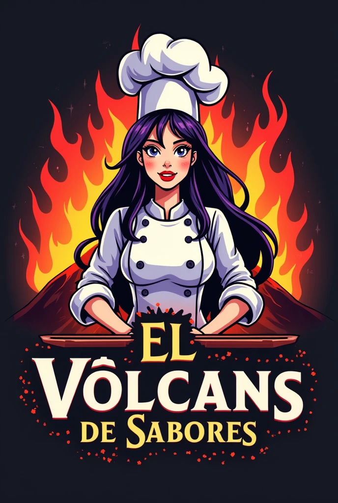 Could you please create a logo for a fast food restaurant like homemade hamburgers with a white female chef with black hair and purple locks with a grill, a volcano and with the name El Volcán de Sabores written on it?