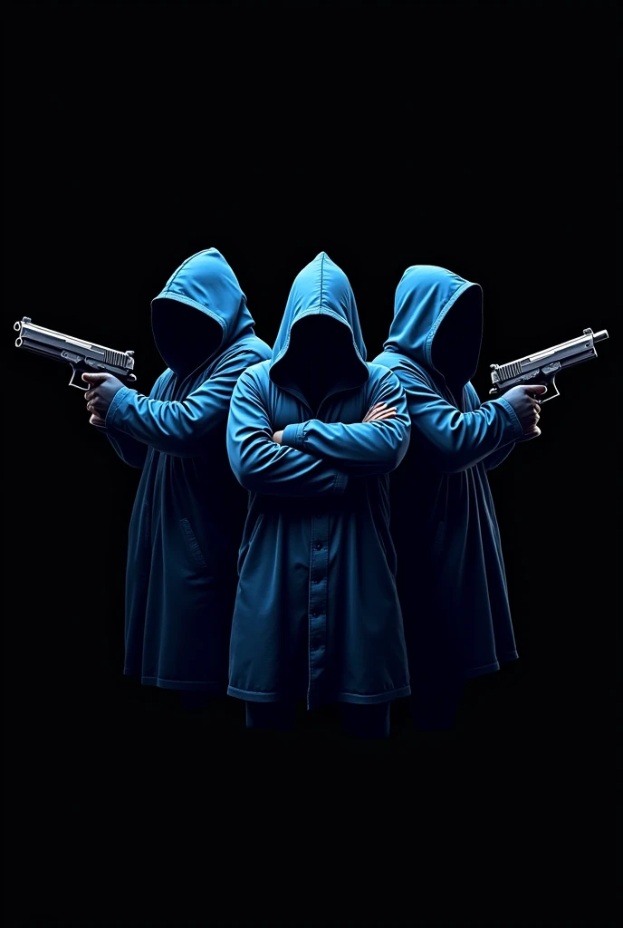 Logo of 4 blue hooded gangster guys holding guns on black background