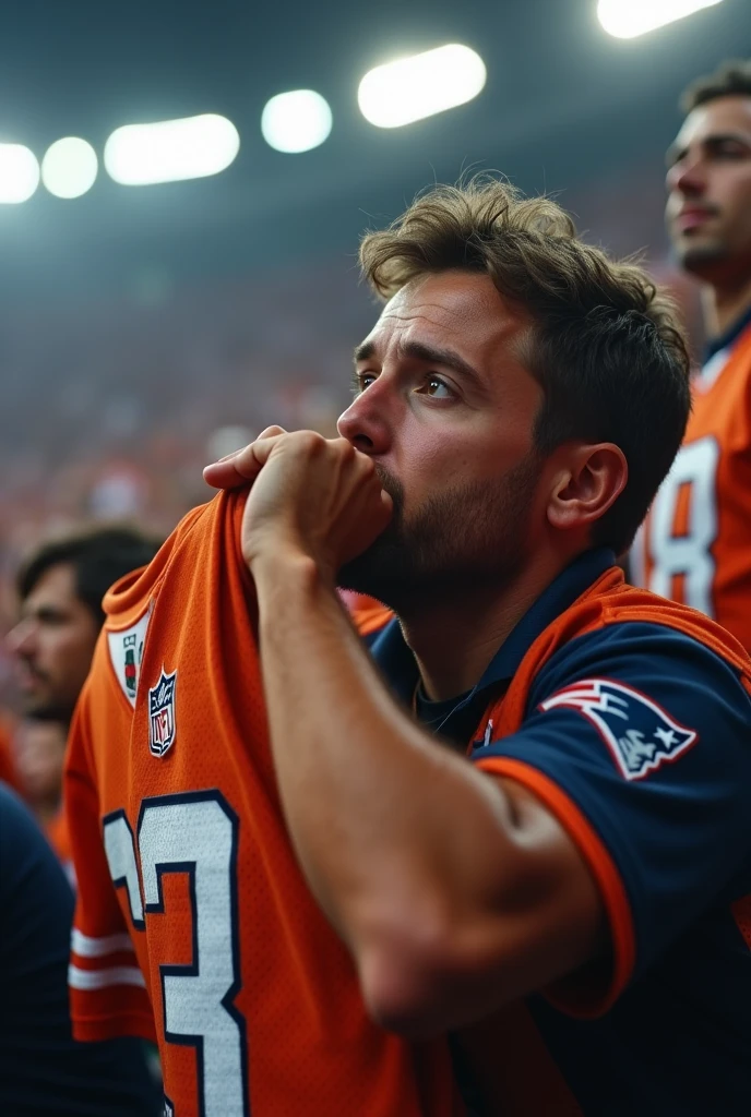 American football fan at the stadium, focused and kissing his team's shirt