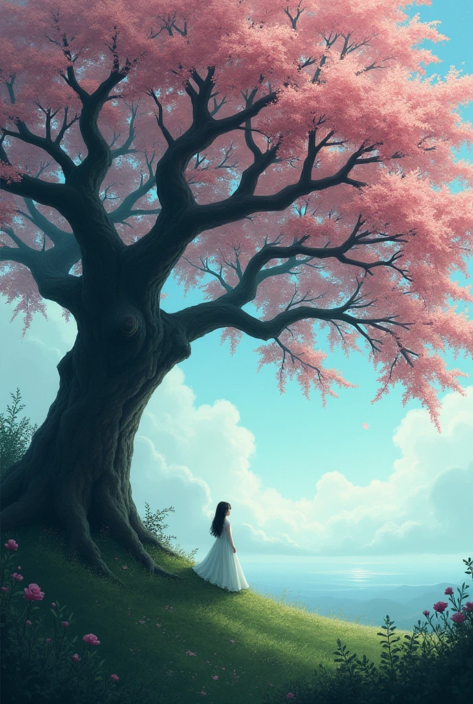 Give me a cover for a book of poems, Let it be a huge cherry tree in a forest and a maiden below watching the horizon. It must convey longing and melancholy.