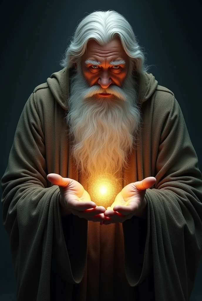 generate an image of an austere man, with a white beard and divine appearance, who is alone with his hands raised creating a small light in the darkness, in 3D drawing style and in 16 format:9.