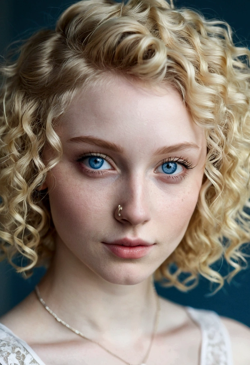 Curly short blonde hair girl, with blue eyes and pale skin,a nose ring and dimples,and pointed ears