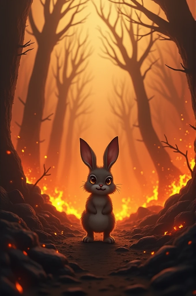 Rabbit in the middle and their surroundings in burning forest