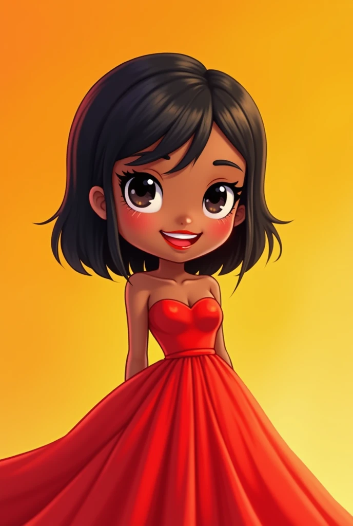 in chibi style, a woman with mulatto skin and short straight hair, who often wears vibrant red lipstick and always has a cheerful smile on her face. redgown, orange and yellow.