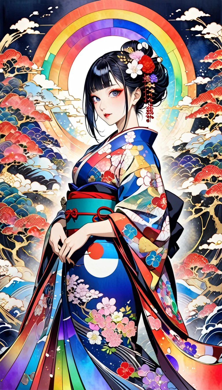 Ukiyo-e, Japanese painting, woodblock print, kabuki, kabuki make-up, attractive and seductive expression, wearing open rainbow colorful Japanese kimono, background painted with a fusion of oil and watercolor iridescent stained glass, conceptual installation art, (ultra detailed, absolutely resolution, best quality:1.3), 2.5D, delicate and dynamic effects, glitter gold dust effects, artistic, hyper, graphic CG digital art