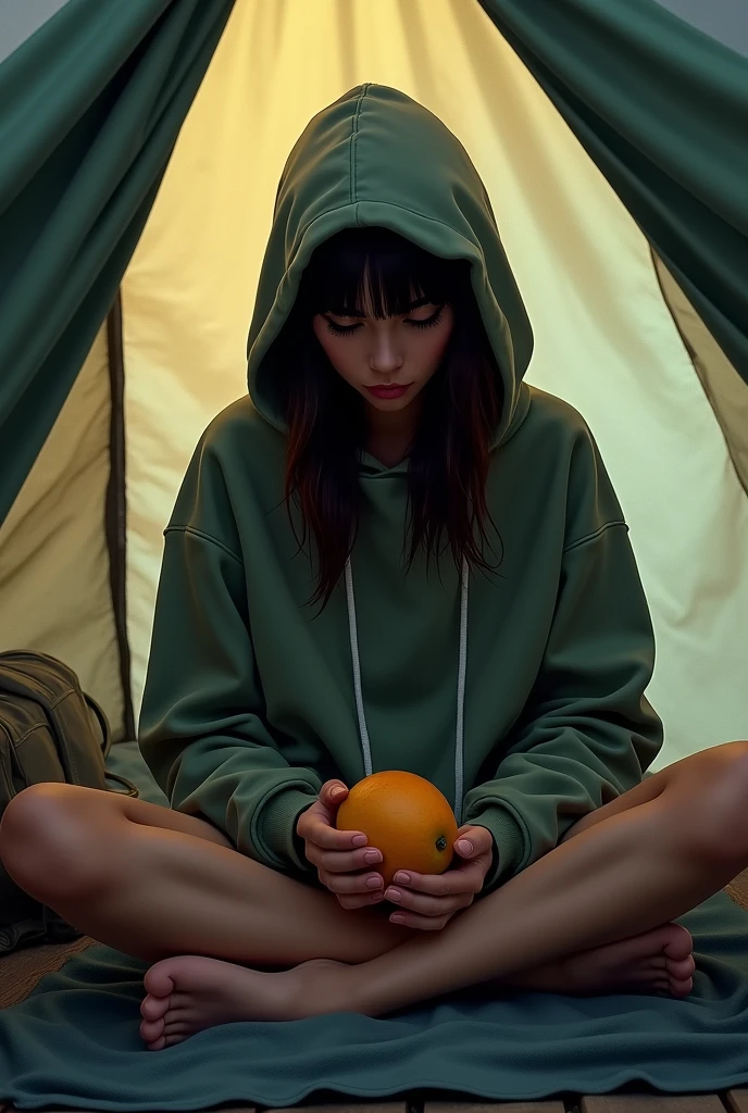 A lady inside a tent scared wearing hoodie and Shorts eating a mango
