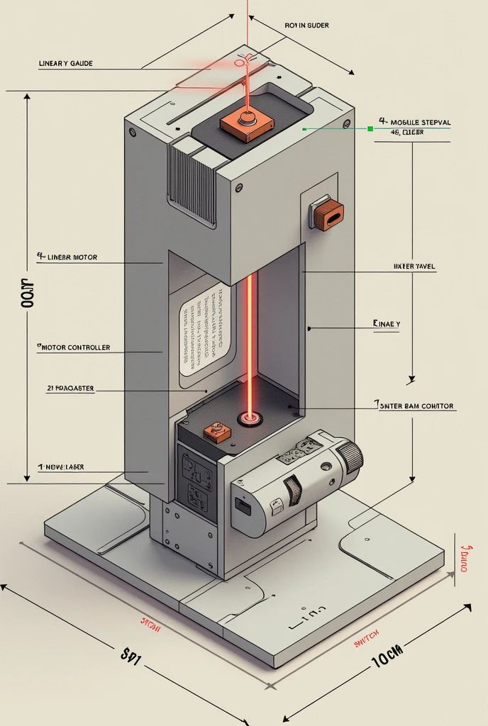 I need you to please make me a plan of a prototype of a project where it is drawn inside and out and is 30cm by 30cm in size. The prototype is to correct the turns. I&#39;ll explain it to you. It&#39;s a machine that has a laser implemented that will have a direction from top to bottom in a certain time and the person will follow the laser to make the turn. I need you to make me the prototype inside with everything that is needed, such as the laser stepper motor., linear guide, power supply , Medium, motor controller, switch and wiring with each part written next to it, that is, pointing to the laser for example, and the plan is not as realistic as it is drawn 