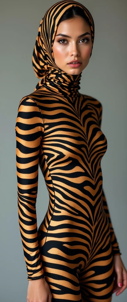the beautiful,slender thin and prettiest Asian and Malaysian muslimah adult girl with beautiful cheeks wears leopard print lycra turtleneck unitard catsuit covered with seamless stripes and always wear leopard print lycra elastane stretchy dance wear hijab covered with seamless stripes.She looks a zebra.She has beautiful lips