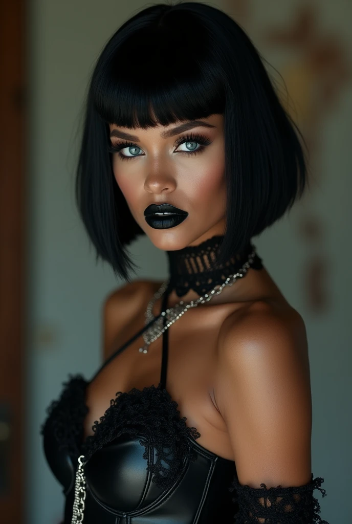 Create a character: a project that united the DNA of big celebrities Jennifer Lawrence and Rihanna. Creating the most beautiful woman in the world, her beauty resembles that of Cleopatra. She is 2, a gothic woman, Bblack hair, Short BOB haircut, wears gothic makeup, gorgeous blue eyes, full mouth, black lipstick, thick eyebrows. She has a beautiful body, body awarded for its beauty, perfect shaped breasts, perfect waist, perfect ass, Perfect hip, perfect leg, perfect arms and hands. She wears a black corset, black leather skirt, black fishnet stockings and black boots.um sexy, awarded photo, woman in a sexy dominant pose, breathtaking cinematic photo, photo of sexy movies, erotic, elegant seducing pose, very sexy pose, head in front of the camera, frontal image, Look to viewer, Attractive posing, bold poses, posing frontally, she is looking at the front of the camera, sensual woman. Image Settings -Resolution " 16K, ultra HD, high qualiy, realisitic, retina, artistic, precise, anatomically correcte, texturized skin, high détail, awardwinning, cinematic lighting, hdr smooth, sharp focus, Canon EOS R5, 35mm" -Composition "Close-Up " -Background "Indoor studio setting" -PhotographyStyle "lo fashion, editorial, magazine style" -ArtisticEffect "photorrealistic, Masterpiece artwork, high budget Hollywood movie feel, Cinemascope, epic, marvelous, film grain, plein-air, super realistico, super verbose"  Other Settings -ModelPose "sitting down, looking directly at the viewer, "
