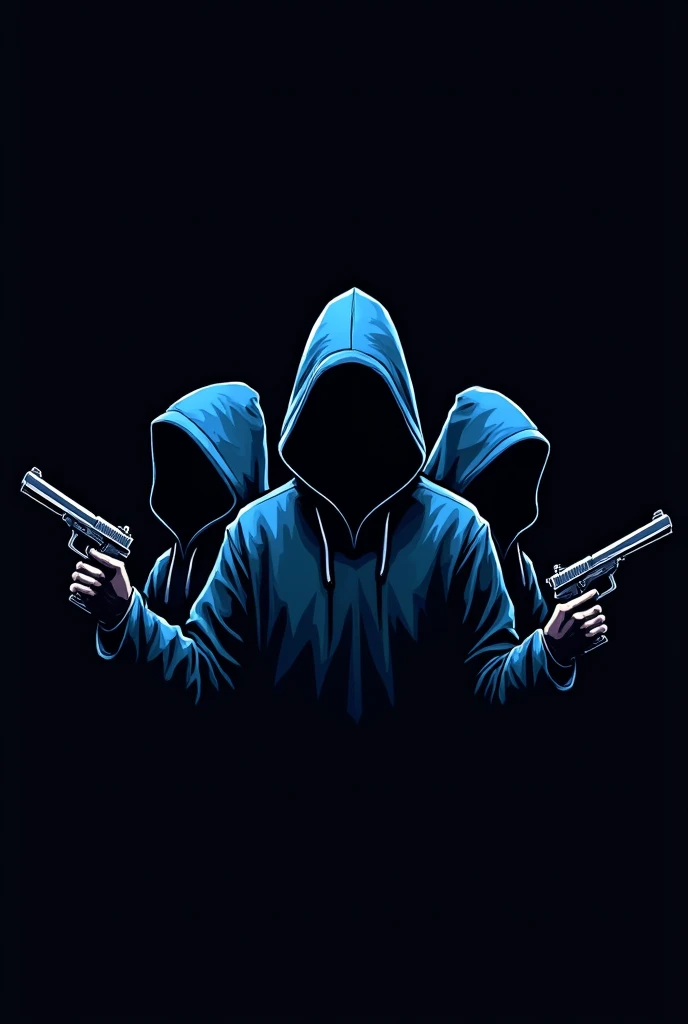 Logo of 4 blue hooded gangster guys holding guns on black background

