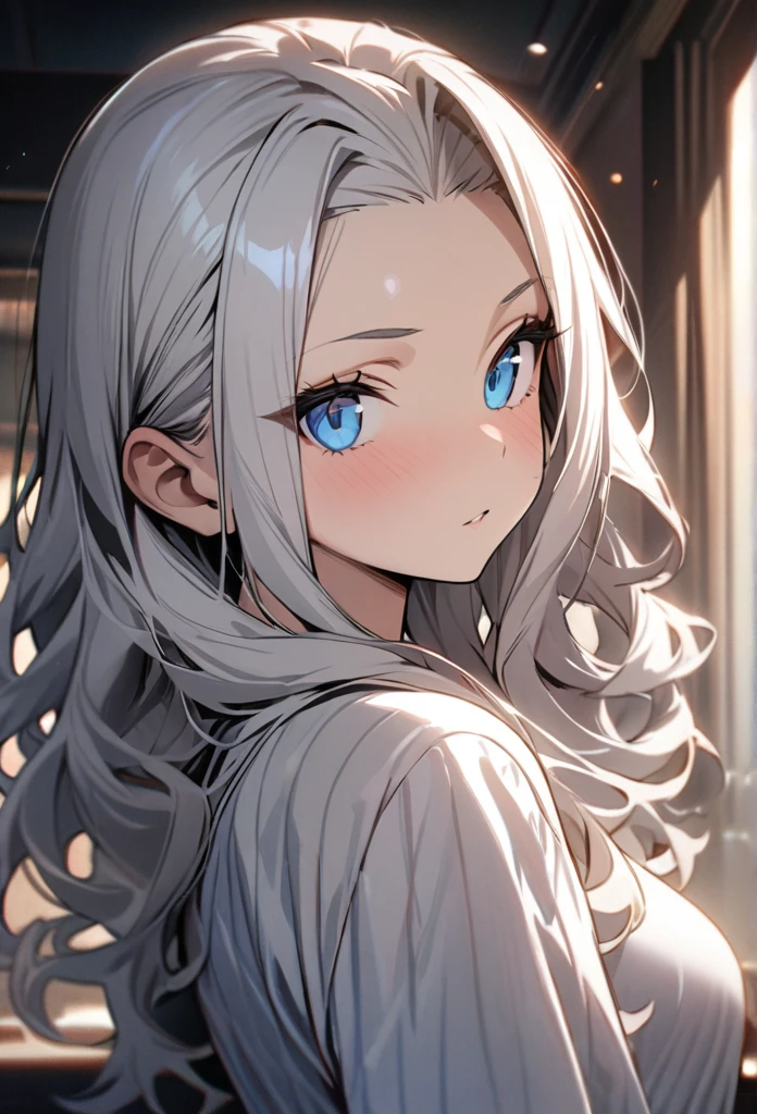 Solo, 1girl, white hair, blue eyes, (((high quality))), masterpiece, detailed face, Curly Hair, long hair, hair pulled back, bangs pulled back